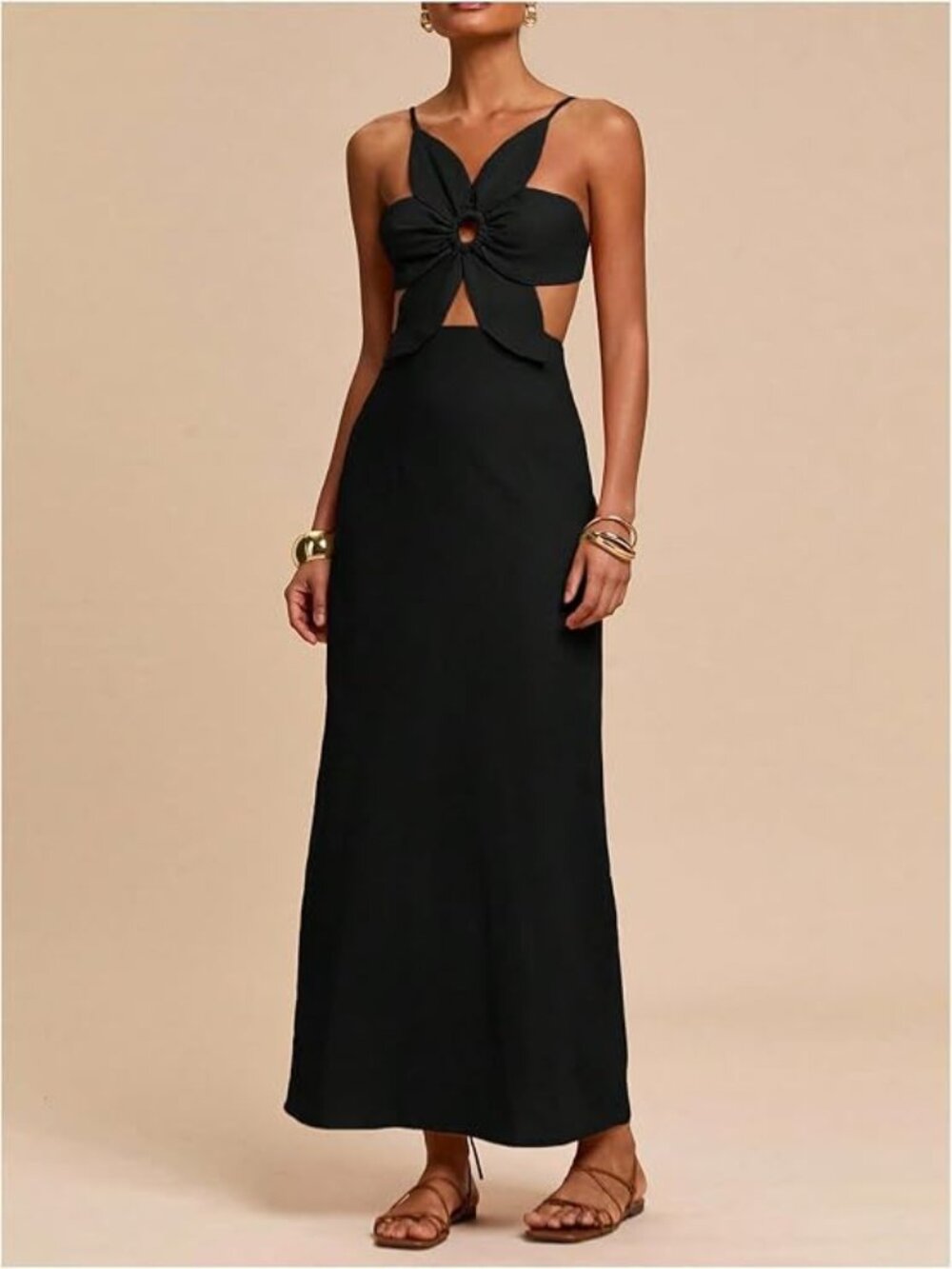 Petal Backless Linen Maxi Dress Keyhole Cut Out Vacation Zipper Long Dresses